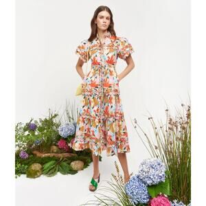 CELIA B Freya Dress Multi Floral Scalloped Edge Midi Shirt Dress Med NEW